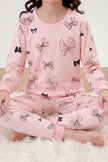 Pyjama nœuds fille rose, haut à manches longues à motif nœuds et pantalon assorti, vue de face