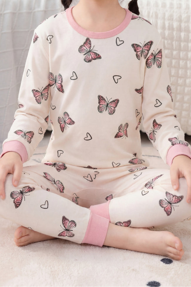 Pyjama papillon fille écru, haut à manches longues à motif papillons et pantalon assorti, vue de face