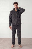 Pyjama pilou pilou anthracite homme, veste boutonnée col chemise et pantalon assorti, vue de face