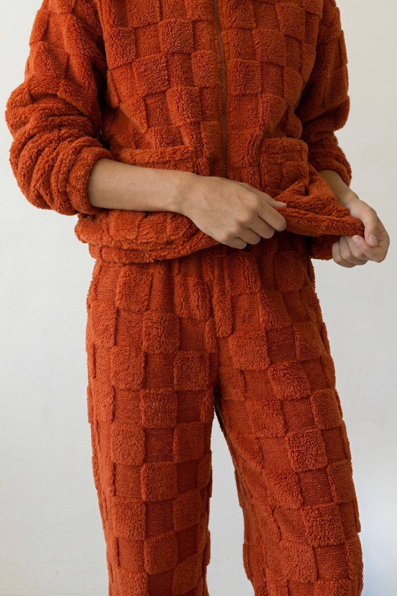 Pyjama pilou pilou brique femme, ensemble veste et pantalon, vue détaillée