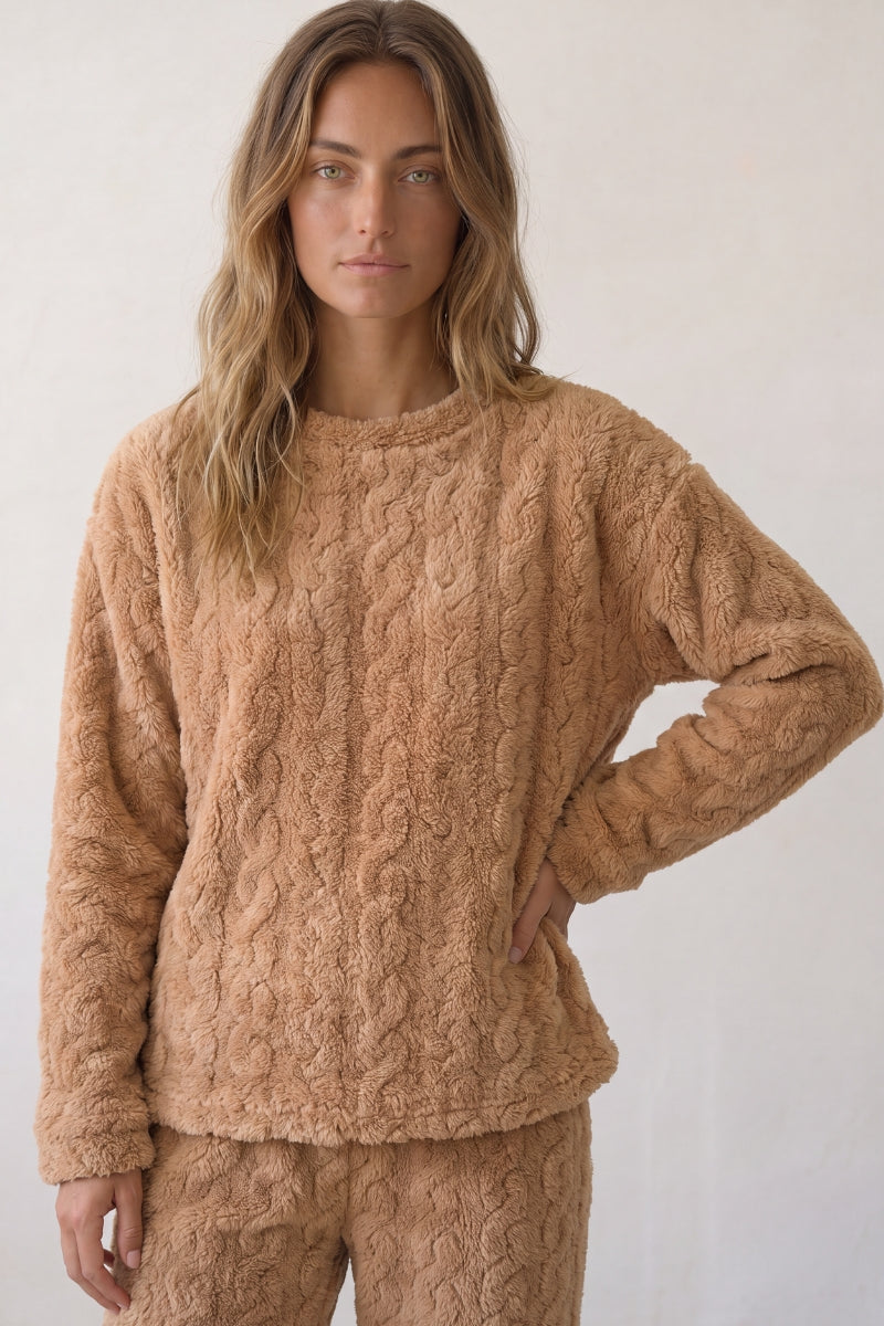 Pyjama pilou pilou camel pour femme, ensemble deux pièces ultra doux et chaud pour l'hiver cocooning