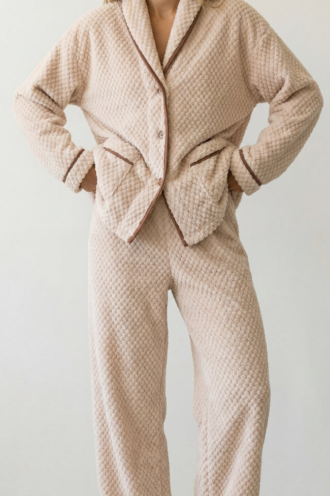 Pyjama pilou pilou cocooning femme beige, ensemble veste et pantalon, vue de face