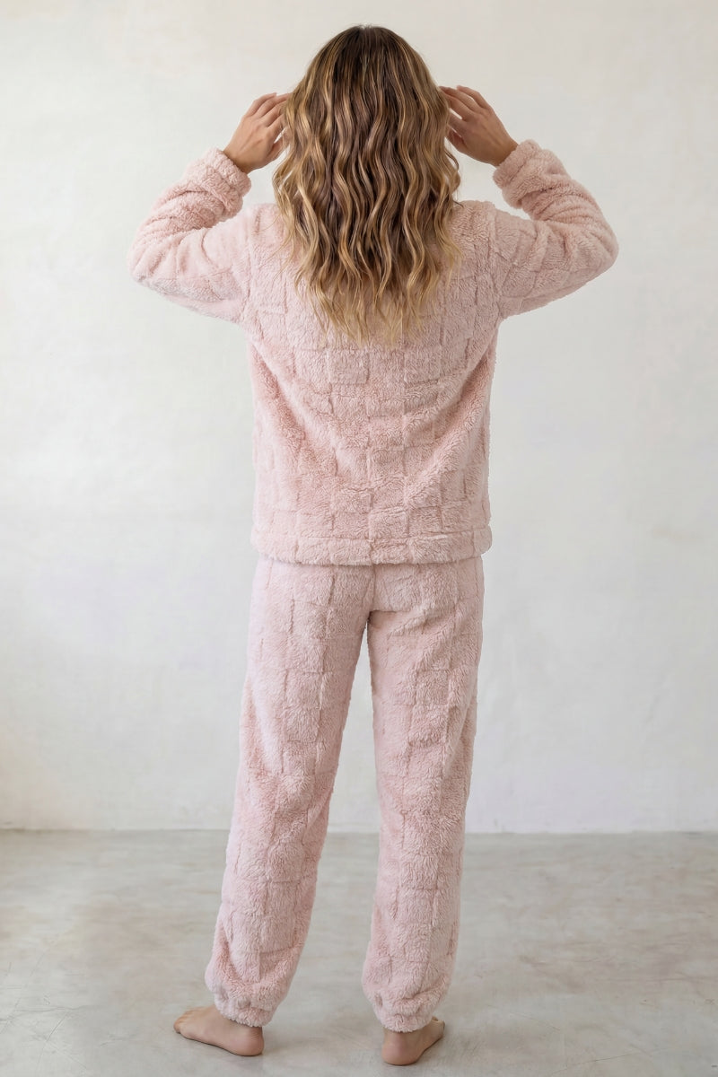 Pyjama pilou pilou damier femme rose en maille gaufrée, vue de dos
