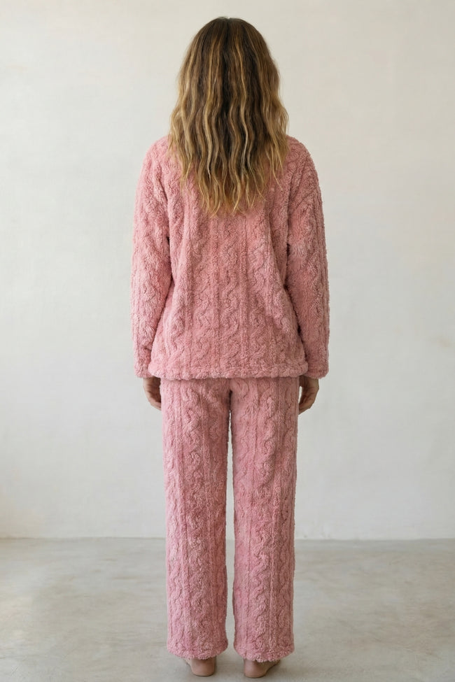 Pyjama pilou pilou doudou femme rose en maille gaufrée, vue de dos