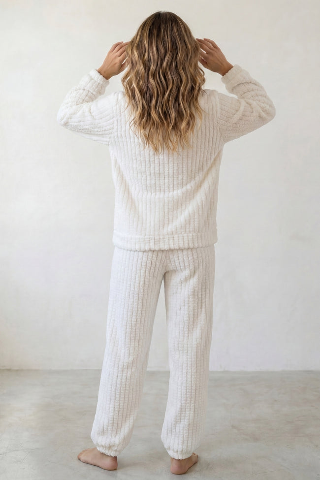 Pyjama pilou pilou écru femme en maille côtelée, vue de dos