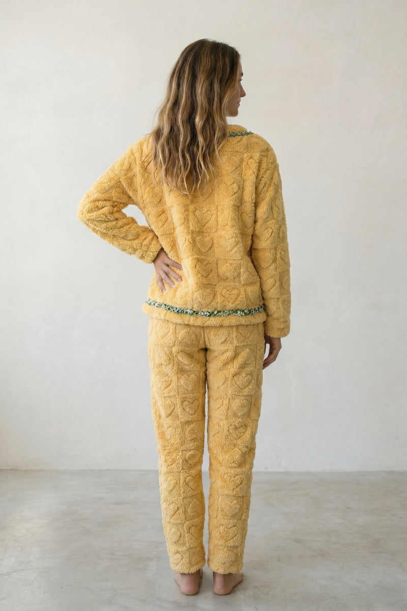 Pyjama pilou pilou jaune femme en maille gaufrée, vue de dos