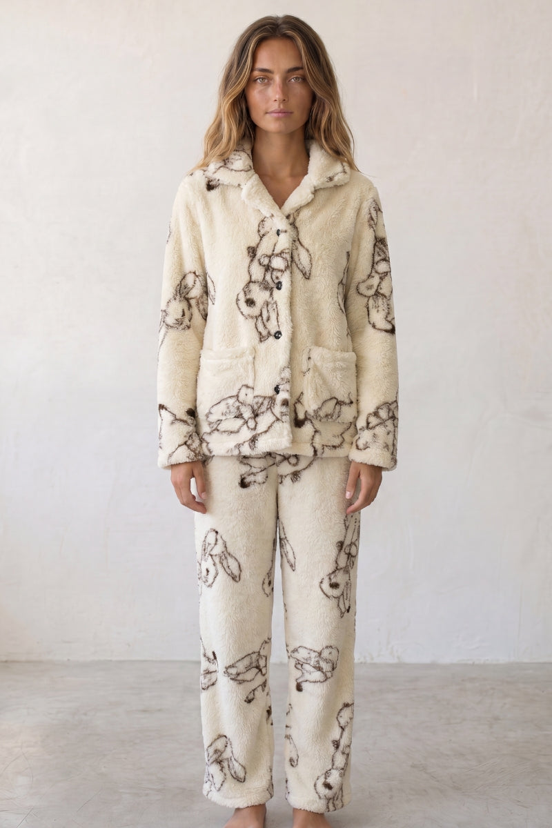 Pyjama pilou pilou femme à motif lapin, ensemble veste et pantalon, vue de face