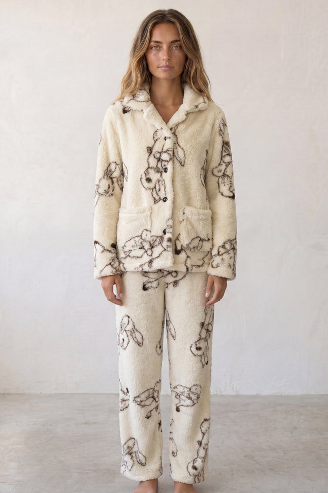 Pyjama pilou pilou femme à motif lapin, ensemble veste et pantalon, vue de face