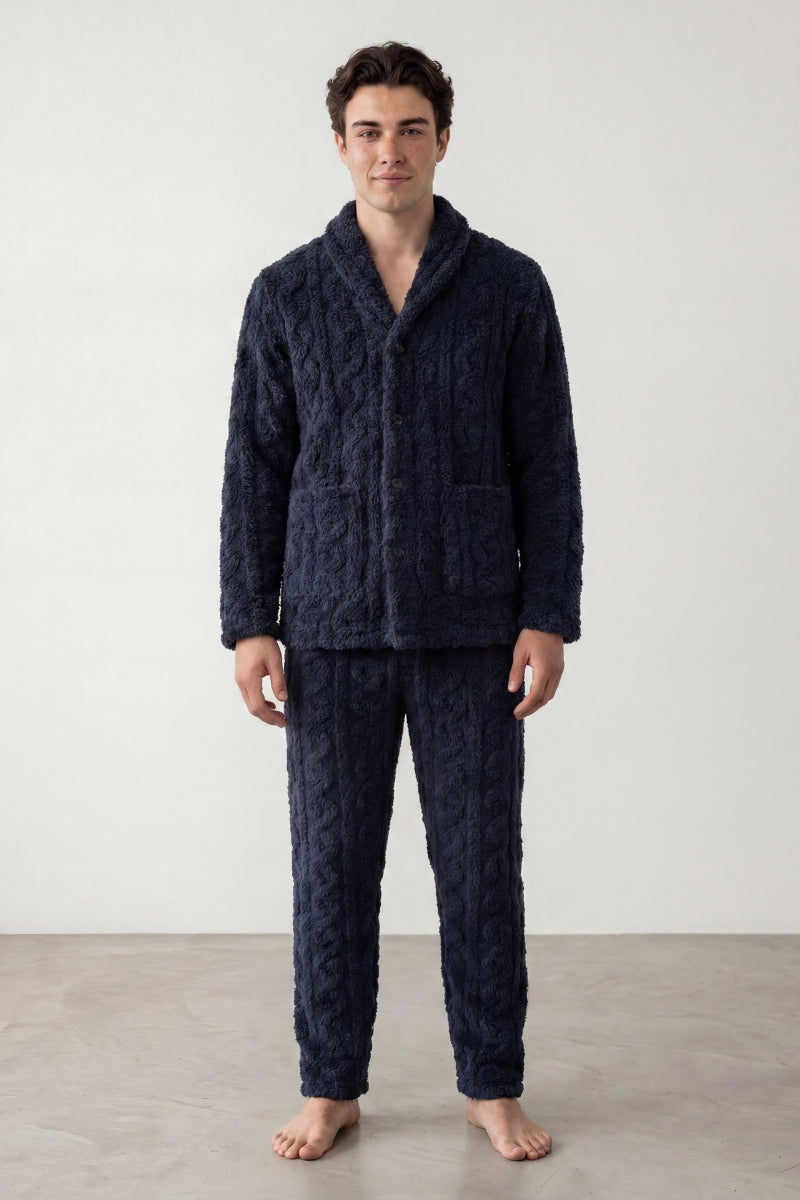 Pyjama pilou pilou marine homme, veste boutonnée col chemise et pantalon assorti, vue de face