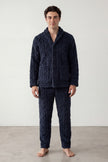Pyjama pilou pilou marine homme, veste boutonnée col chemise et pantalon assorti, vue de face