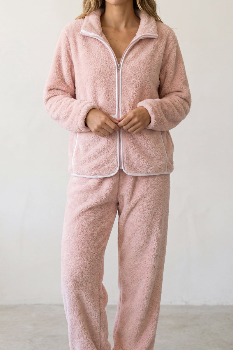 Pyjama pilou pilou rose femme, ensemble veste et pantalon, vue de face