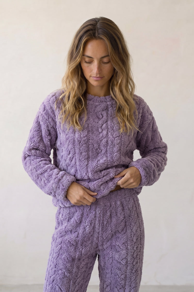 Pyjama pilou pilou violet pour femme, ensemble deux pièces ultra doux et chaud pour l'hiver cocooning