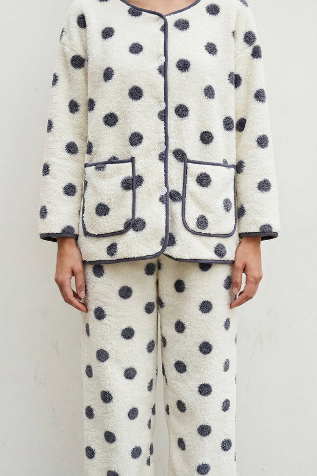 Pyjama polaire blanc à pois femme, ensemble veste et pantalon, vue de face