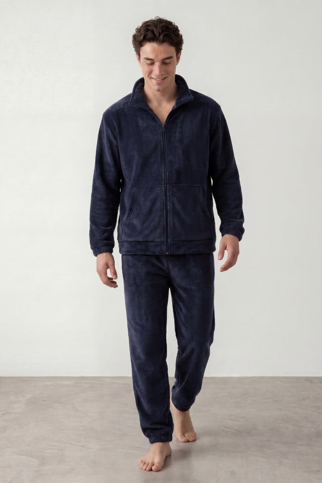 Pyjama polaire bleu nuit homme, veste zippée à col montant et pantalon assorti à bas resserré, vue de face