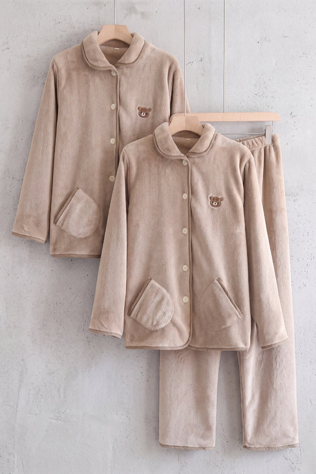 Pyjama polaire couple, ensemble assorti homme et femme (café au lait) doux et chaud pour cocooner à deux en hiver