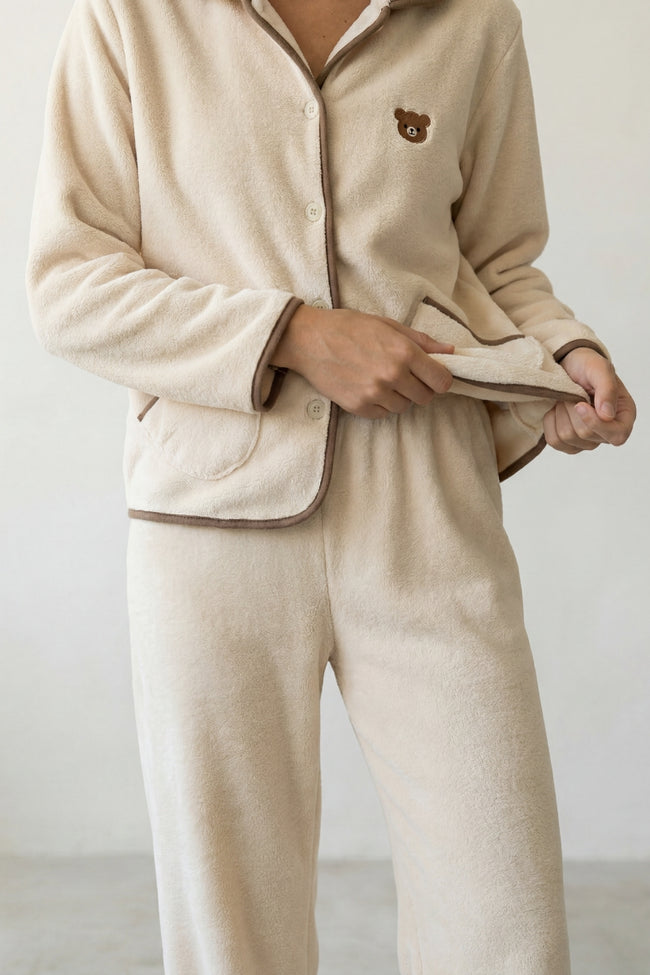 Pyjama polaire écru femme, ensemble veste et pantalon, vue de face