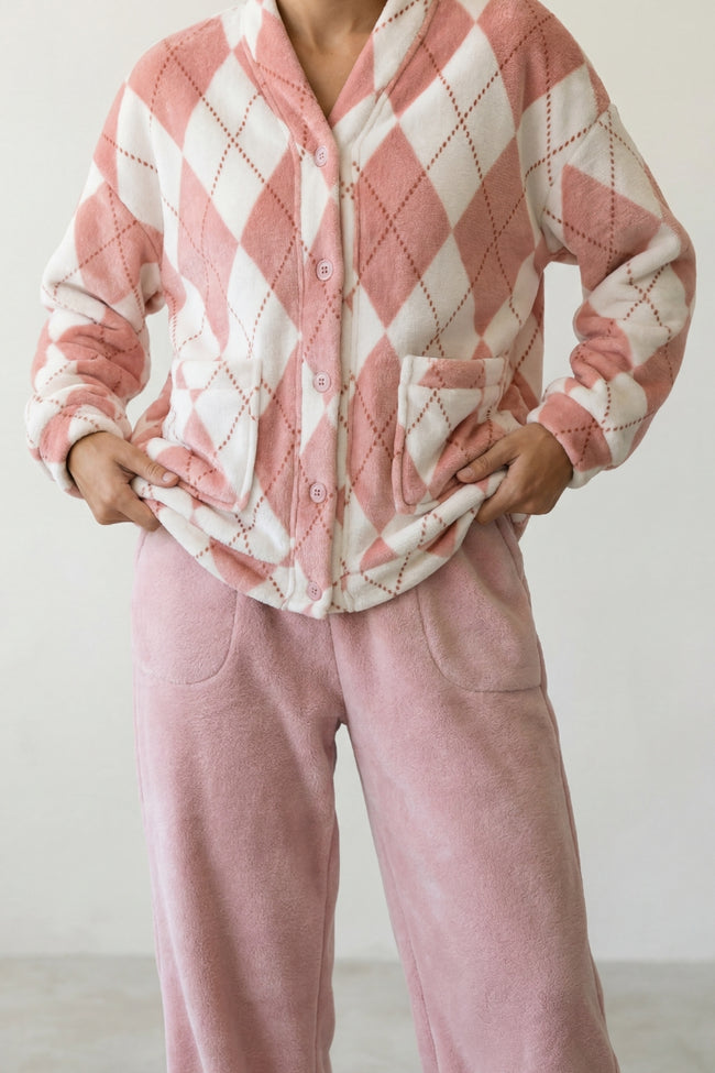 Pyjama polaire jacquard femme, ensemble veste et pantalon, vue de face