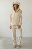 Pyjama polaire lapin femme crème, veste zippée à capuche oreilles de lapin et pantalon assorti, vue de face