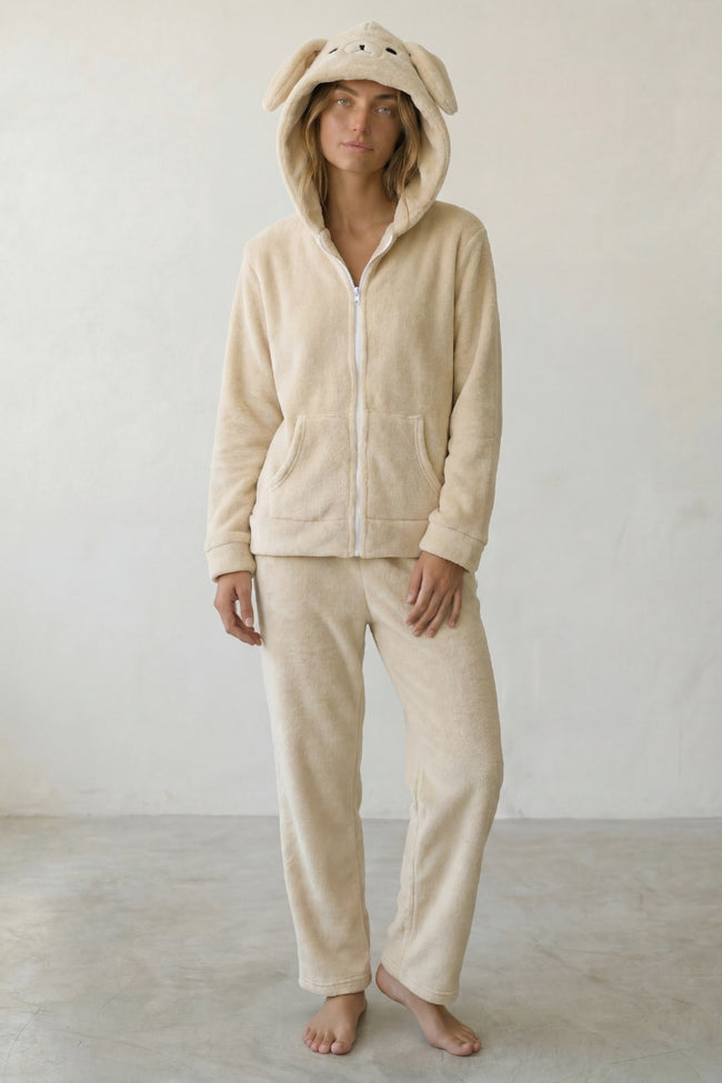 Pyjama polaire lapin femme crème, veste zippée à capuche oreilles de lapin et pantalon assorti, vue de face