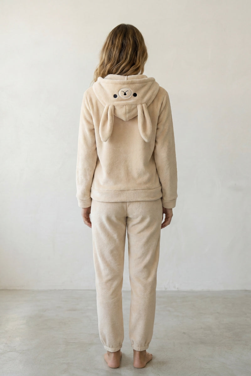 Pyjama polaire lapin femme crème, capuche à museau brodé, vue de dos