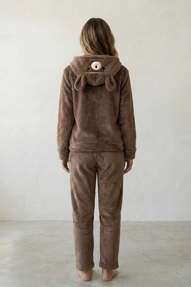 Pyjama polaire lapin femme marron, capuche à museau brodé, vue de dos