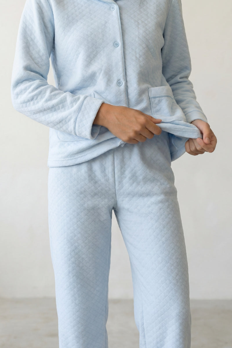 Pyjama polaire matelassé femme bleu, ensemble veste et pantalon, vue de face
