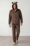 Pyjama polaire ourson homme marron, veste zippée à capuche oreilles d'ourson et pantalon assorti, vue de face