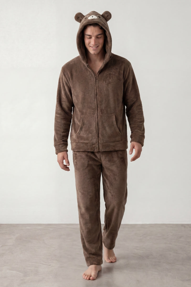 Pyjama polaire ourson homme marron, veste zippée à capuche oreilles d'ourson et pantalon assorti, vue de face