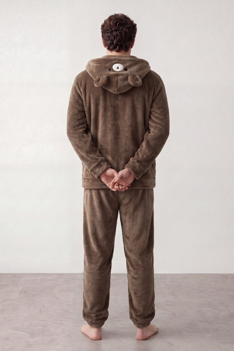 Pyjama polaire ourson homme marron, capuche à museau brodé, vue de dos