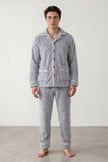 Pyjama polaire perle homme gris clair, veste boutonnée col chemise liseré et pantalon assorti, vue de face