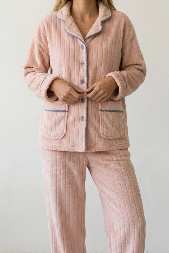 Pyjama polaire saumon femme, ensemble veste et pantalon, vue de face