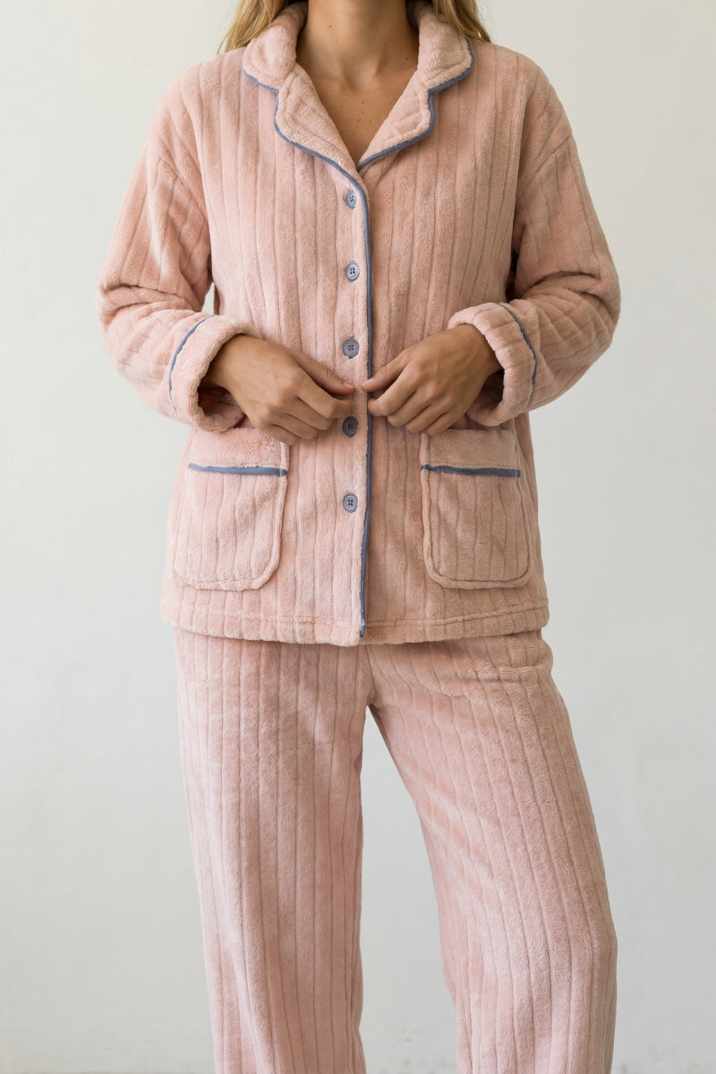 Pyjama polaire saumon femme, ensemble veste et pantalon, vue de face