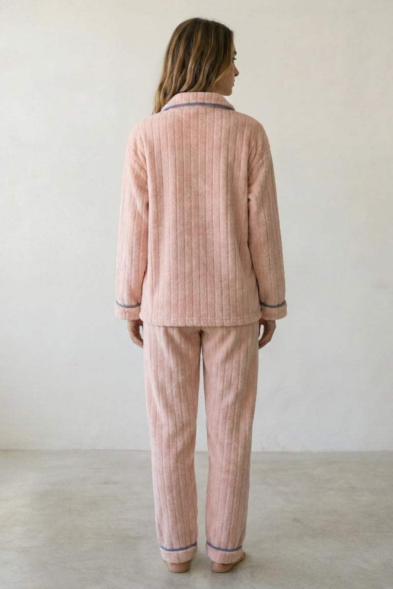 Pyjama polaire saumon femme en maille côtelée, vue de dos