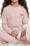 Pyjama rose fille en coton doux, haut à manches longues et pantalon assorti, vue de face