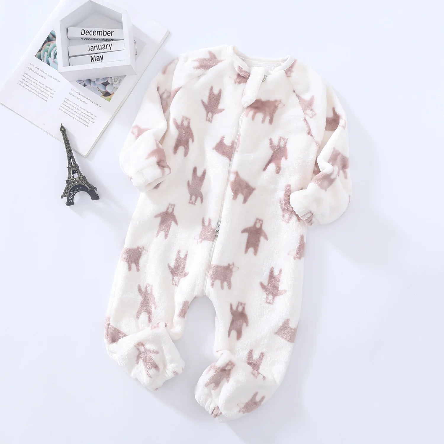 Pyjama bébé écru, combinaison zippée à motif animaux tout doux