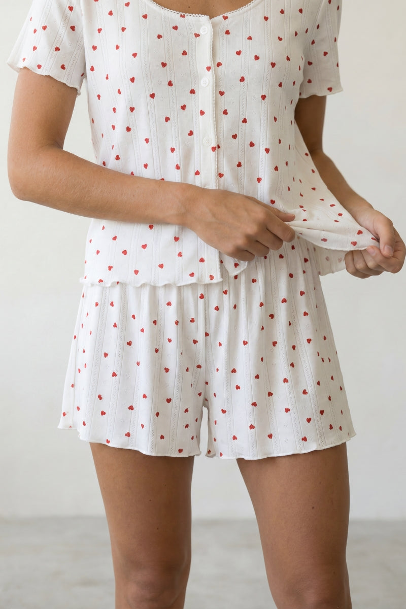 Pyjama short blanc femme, détail du motif, vue de face