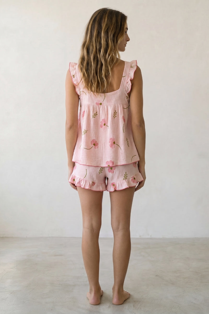 Pyjama short rose femme à volants, vue de dos