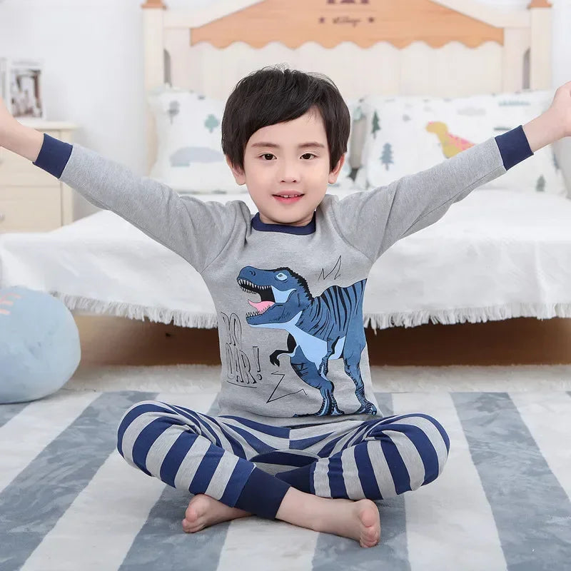 Pyjama T-Rex garçon gris, haut à manches longues à motif T-Rex et pantalon à rayures assorti