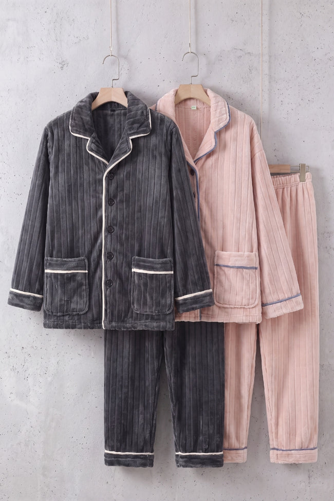 Pyjamas assortis couple, ensemble assorti homme et femme (rose et gris anthracite) doux et chaud pour cocooner à deux en hiver