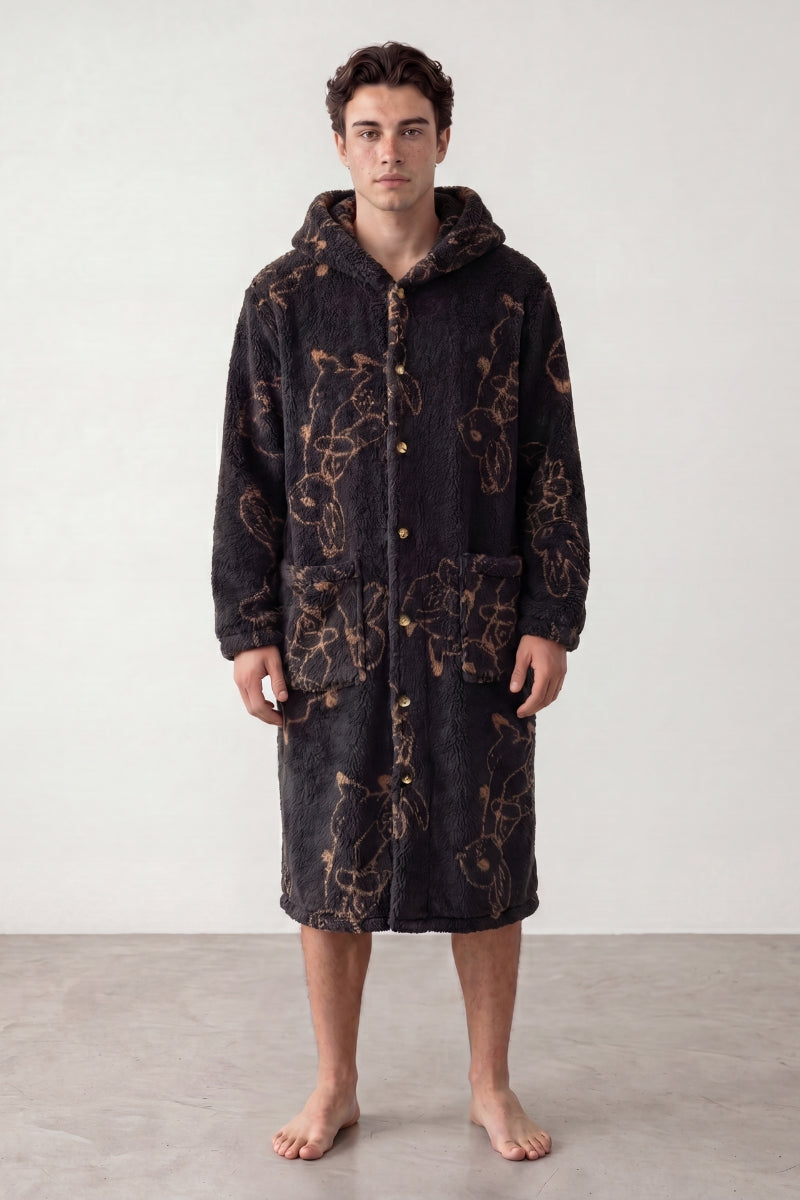 Robe de chambre pilou pilou homme à capuche, coupe longue, vue de face