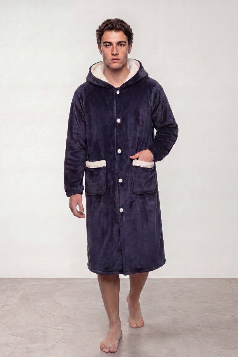 Robe de chambre polaire homme bleu marine à capuche, coupe longue et poches, vue de face