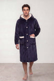 Robe de chambre polaire homme bleu marine à capuche, coupe longue et poches, vue de face