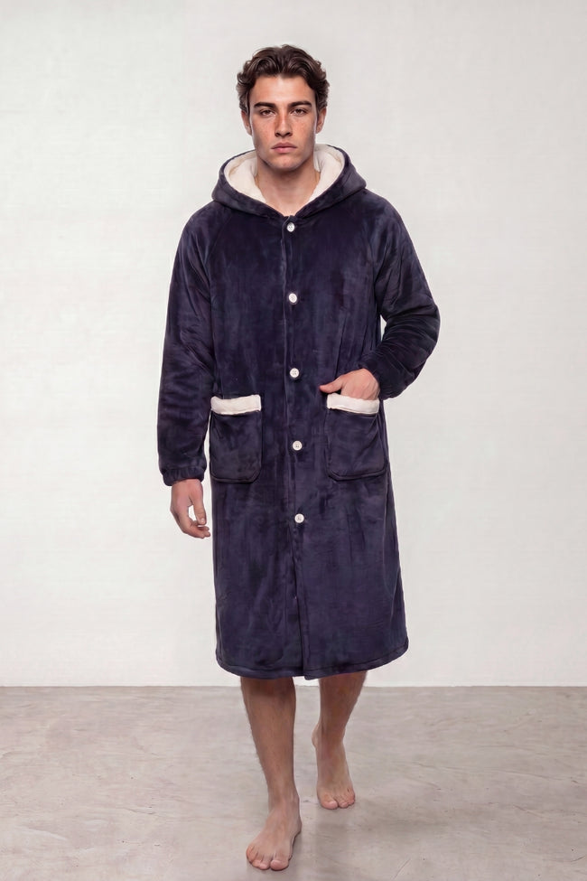 Robe de chambre polaire homme bleu marine à capuche, coupe longue et poches, vue de face