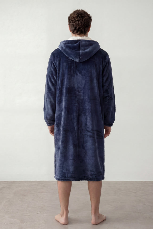 Robe de chambre polaire homme bleu marine, vue de dos