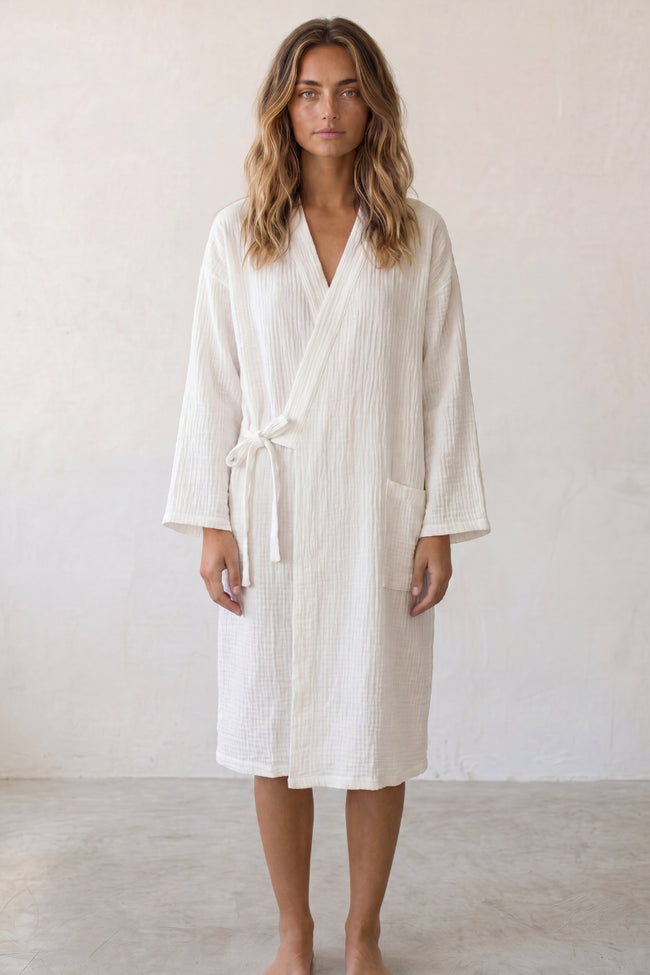 Robe de chambre unie femme terracotta, vue détaillée
