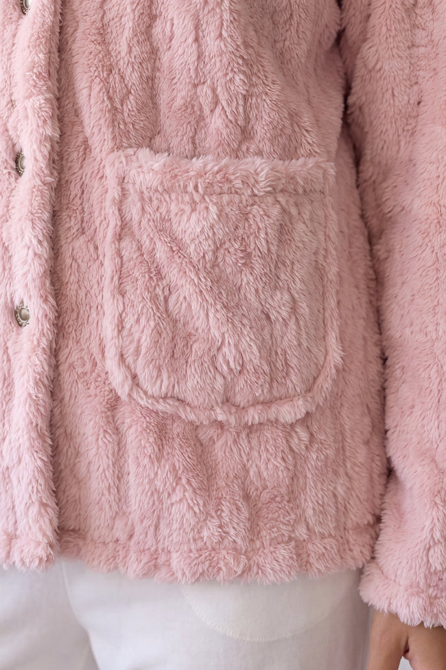 Veste polaire pyjama femme rose en polaire gaufrée rose, veste boutonnée douce et chaude à porter sur le pyjama
