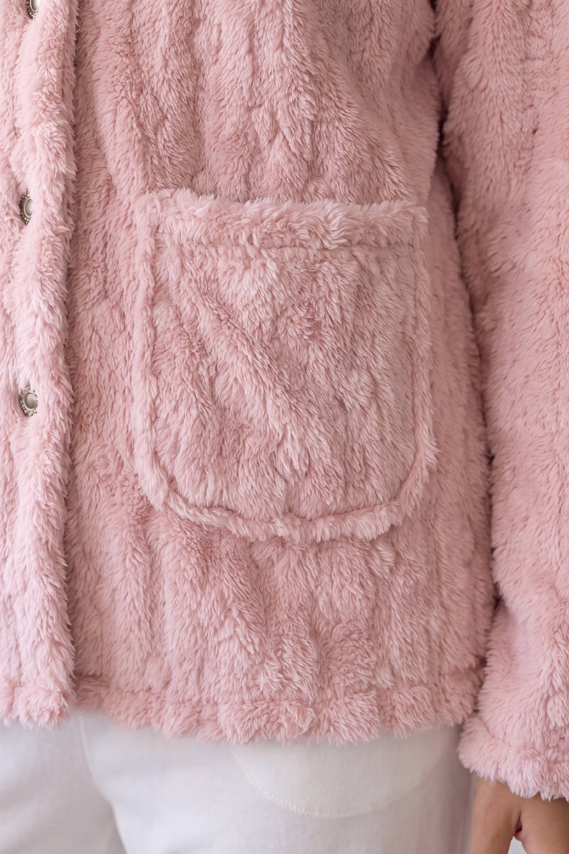 Veste polaire pyjama femme rose en polaire gaufrée rose, veste boutonnée douce et chaude à porter sur le pyjama