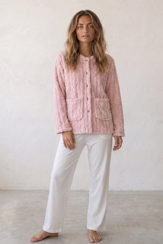 Veste polaire pyjama femme rose en polaire gaufrée rose, veste boutonnée douce et chaude à porter sur le pyjama