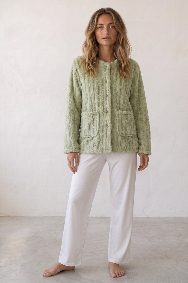 Veste polaire pyjama femme vert en polaire gaufrée vert, veste boutonnée douce et chaude à porter sur le pyjama